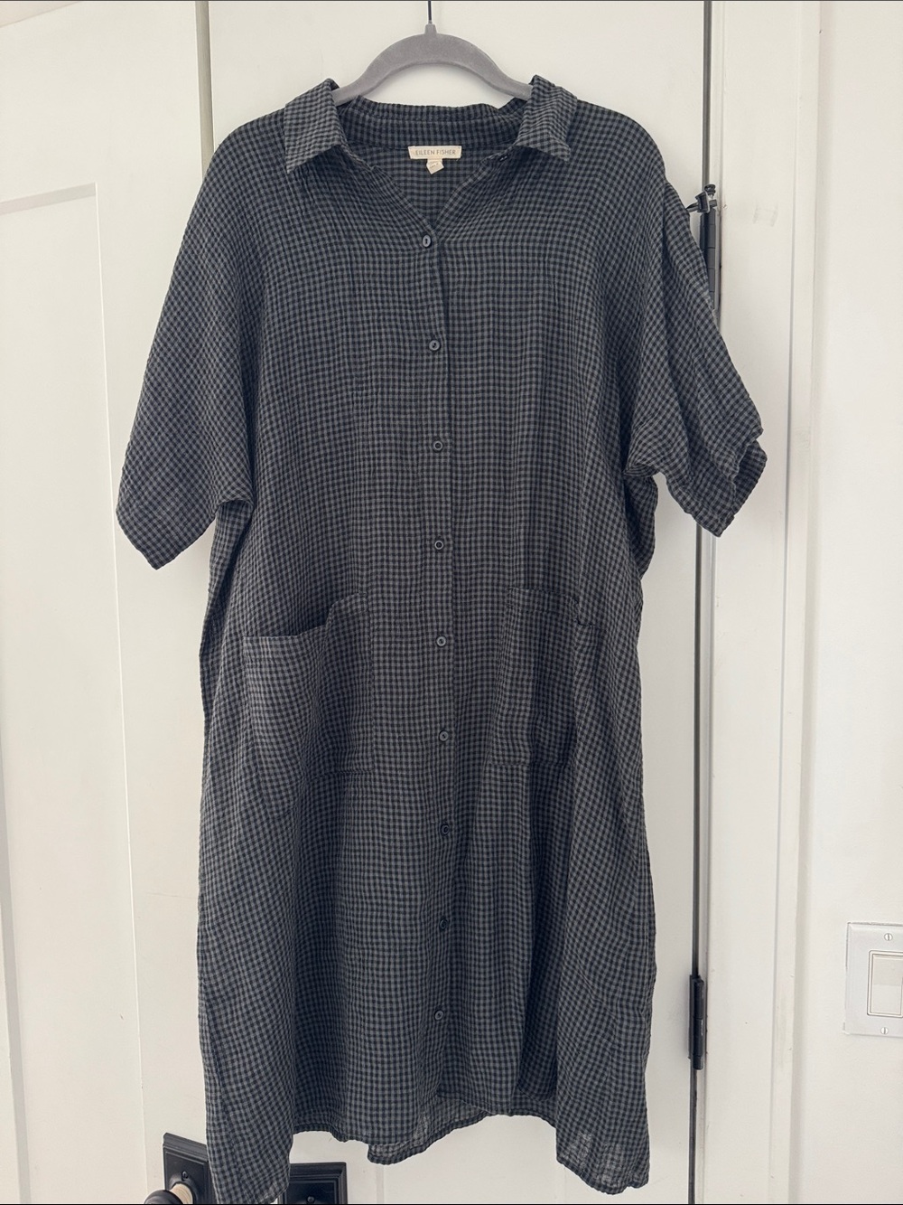 Eileen Fisher Black Check Button-Front Midi Dress